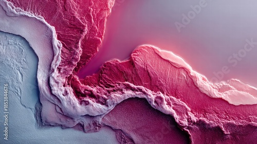 Abstract landscape with textured, layered formations in shades of pink and purple.