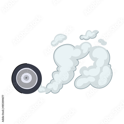 Car wheel spinning in a burnout, kicking up thick white smoke and dust trails to convey speed, power, drifting action and tire friction on asphalt surface