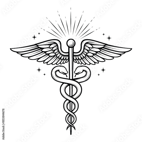 Detailed illustration of the caduceus symbol with wings and entwined snakes
