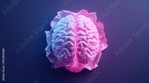 Human brain illustration with neon lighting and a creative paper flower design