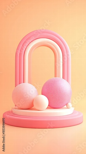 Abstract 3D rendering of a pink archway and spheres on a pastel background.