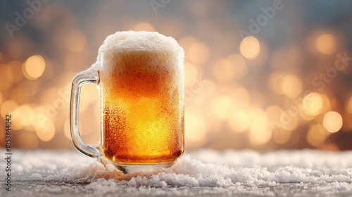 Refreshing pint of beer with foam and condensation on a snowy surface