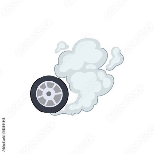 Vehicle wheel spinning fast, creating white smoke from frictional heat, illustrating concepts of speed, power, acceleration, and adrenaline in a graphic design style