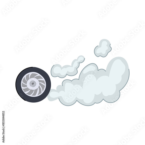Wheel spinning with tire smoke graphic symbolizing speed, acceleration and powerful vehicle performance, cartoon vector icon on white background for racing and burnout themes