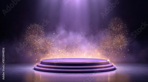 Purple Stage with Fireworks and Light for Event or Celebration