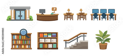 Illustrated library interior elements: bookshelves, computers, desks, stairs