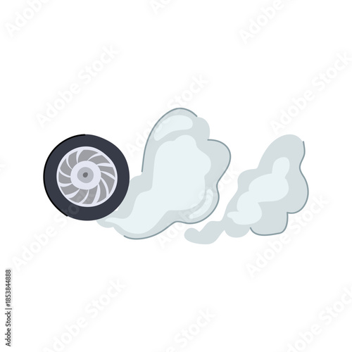 Isolated flat vector illustration depicting a vehicle wheel generating a large cloud of smoke from burning rubber, representing concepts of high speed, acceleration, and dynamic performance