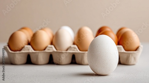 Fresh eggs in a carton with one egg standing out in front on a neutral background