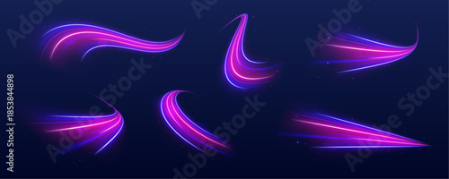 Glowing purple and pink trails twist along a futuristic highway. The neon curves highlight motion and speed. Perfect for cyberpunk and racing themes.