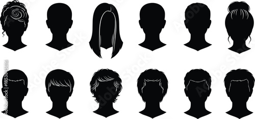 Set of human head silhouettes, black and white avatars, male and female hairstyle icons, vector illustration profile collection, anonymous faces.