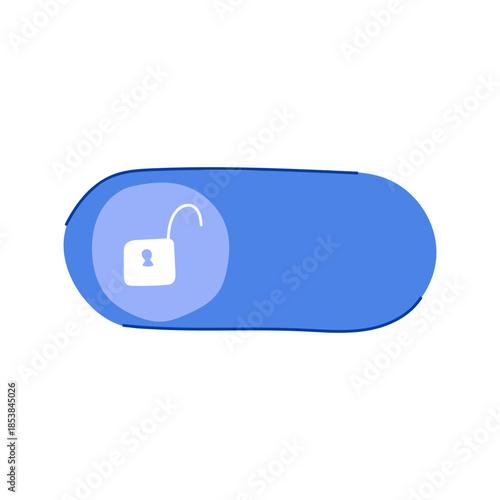 Digital toggle switch with open padlock icon on white background symbolizing unlocking access, user control, permission and enabled security settings for apps, web and accounts