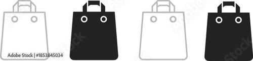 Minimal shopping bag icon set featuring outline and solid styles for ecommerce branding packaging design vector illustration use modern ui