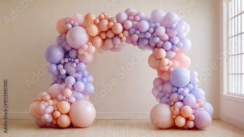 A beautiful balloon arch in pastel colors creates a festive and elegant backdrop.