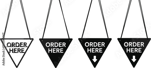 Order here signage, black triangle signs, hanging retail signs, food counter direction, customer guidance, restaurant decor, service point indicator, minimal design