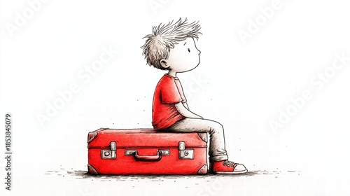 Boy sitting on a red suitcase
