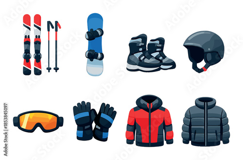 Winter sports equipment collection with skis, snowboard, helmet, gloves, and jackets