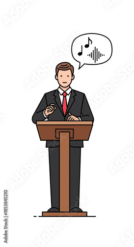 Man in suit speaking at podium with sound waves and musical notes in speech bubble.