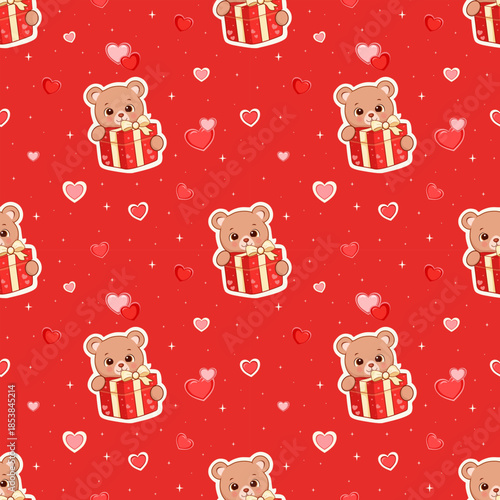 This design features a light brown bear holding a red heart-patterned gift box. The vibrant red color scheme creates a sweet, cute, and warm Valentine's Day atmosphere, perfect for fabric printing