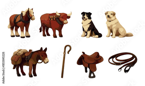 Farm animals and tools: horse, cow, dogs, donkey, saddle, leash