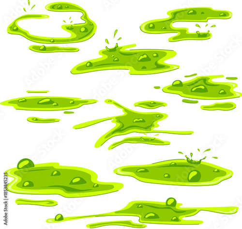 Green cartoon puddles of sticky ooze splashing and dripping, featuring bright bubbly slime or liquid chemical waste spreading on a white background, representing pollution or danger