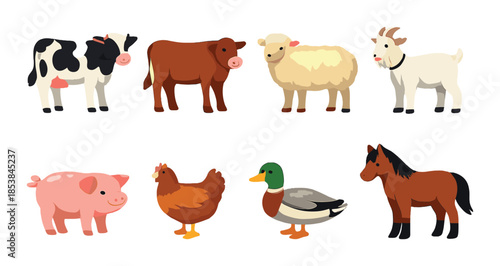 Colorful cartoon farm animals: cow, pig, sheep, chicken, and more