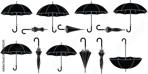 Set of umbrella silhouettes featuring open and closed designs, curved handles, and various angles ideal for weather, icons, and vector graphics.