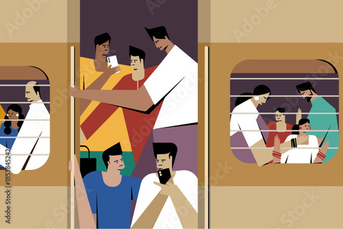 Passengers commuting in a crowded train in India, depicting everyday urban travel, public transportation and modern life