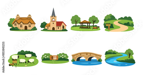 Charming countryside icons featuring church, sheep, bridge, and scenic pathway