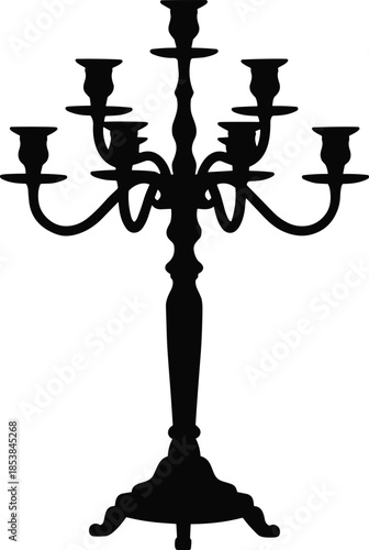 Seven arm candelabrum silhouette, ornate candle holder, vintage classical decor, elegant antique lighting, romantic ambiance, decorative interior accessory, designSeven arm candelabrum silhouette, 