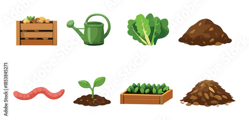 Gardening icons: vegetables, watering can, soil, worm, seedling in cartoon style