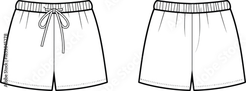 Shorts flat sketch, drawstring waistband design, elastic waist apparel template, casual clothing outline, fashion technical drawing, garment construction vector illustration