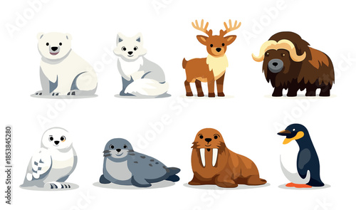 Cartoon arctic animals collection including polar bear and reindeer