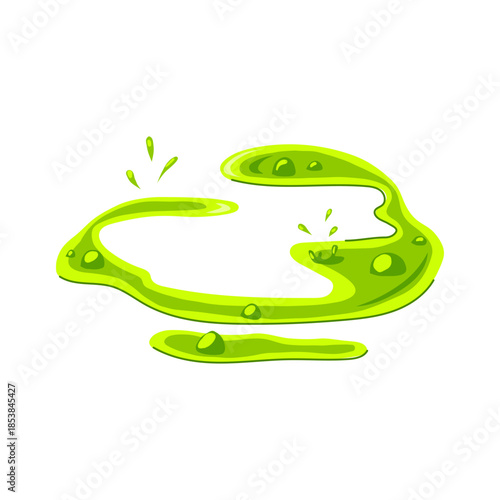 Green liquid puddle with bubbles and splatters illustrating concepts of toxicity, chemical hazards, pollution, and dangerous waste materials requiring careful handling