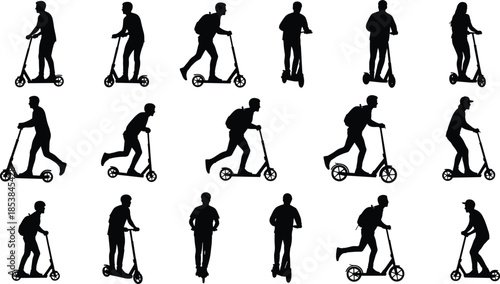 Silhouette collection of people riding scooters in various poses, active urban commuters, lifestyle transportation illustrations for modern mobility and design projects.