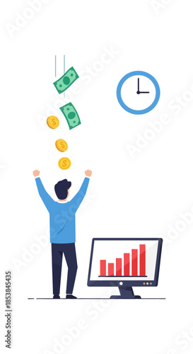 Successful investor celebrates financial growth and time management.