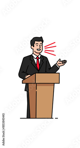 Man in suit speaking at a podium with speech lines.