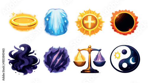 Collection of vibrant energy symbols representing light and dark forces