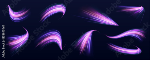 Light streaks twist like fire across a night sky, sparkling with energy. Neon curves guide the eye along rapid paths. Perfect for dynamic banners or wallpapers.