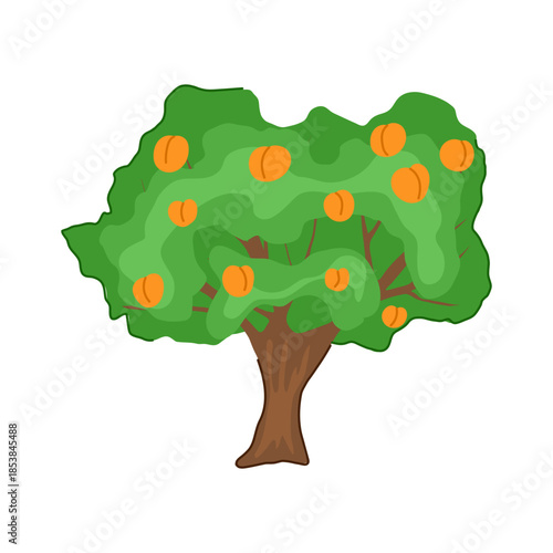 Cartoon illustration featuring a leafy green fruit tree, its branches full of ripe, round orange peaches, symbolizing nature's bounty and healthy eating