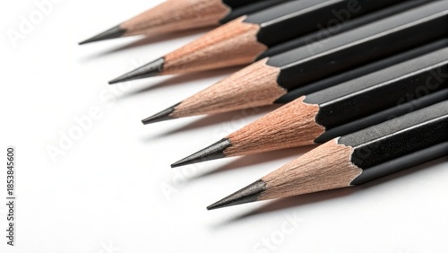 Closeup of five sharpened black graphite pencils arranged diagonally on a white surface