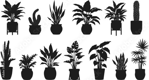 Silhouette collection of potted plants, indoor houseplants variety, botanical illustration, foliage diversity, decorative greenery, plant shapes, natural design elements