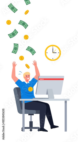 Man celebrating success at his desk with money falling around him.