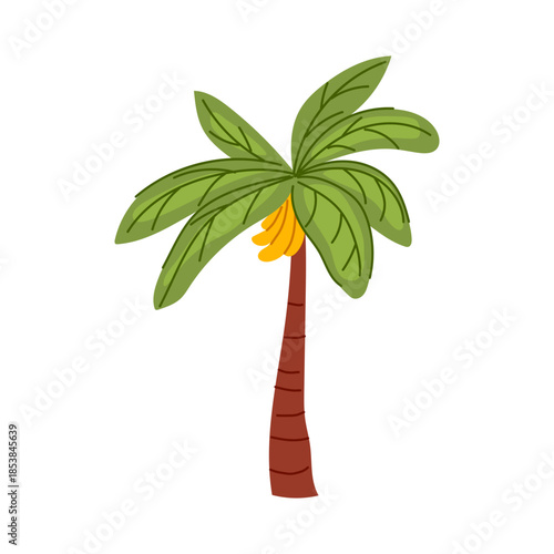 Banana tree drawing presenting a bunch of yellow fruit and vibrant green palm leaves, representing themes of tropical nature, food, and healthy eating on a white background