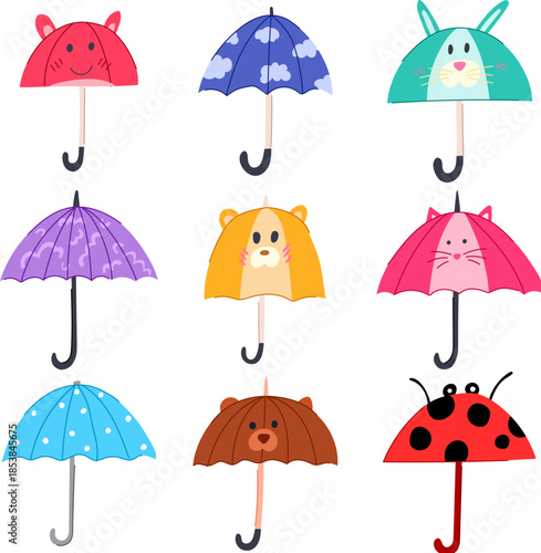 Collection of colorful umbrellas displaying cute animal faces and patterns, including a red cat, green rabbit, yellow bear, and a ladybug, representing childhood and fun