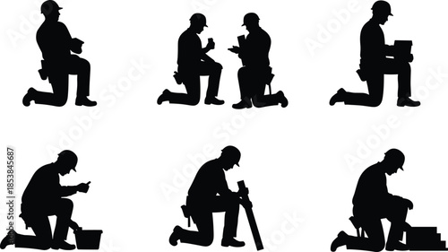 Silhouette construction workers kneeling with tools, inspecting, measuring, carrying, manual labor illustration, carpentry technician, building site activity, vocational training icons