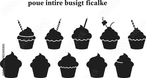 Silhouette cupcakes collection with candles, cherries, swirls, frosting decorations, dessert icons, bakery illustration, sweet treats, celebration food, vector graphic art