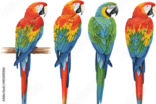 Detailed macaw parrot vector collection with colorful red and blue birds perched on branches isolated on white background.