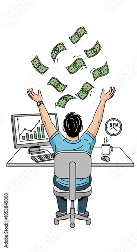 Man celebrating financial success with money raining down around him.