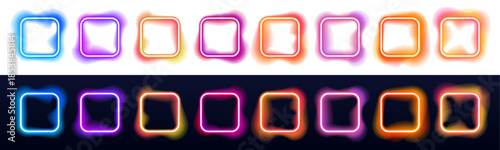 Glowing square shapes with gradient neon colors form dynamic abstract patterns. Smooth curves and light reflections emphasize depth. Perfect for digital banners and backgrounds. PNG