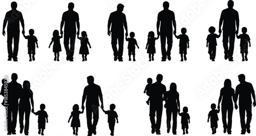 Silhouette families walking together, parents holding hands with children, diverse father mother kids poses in black isolated vector illustration